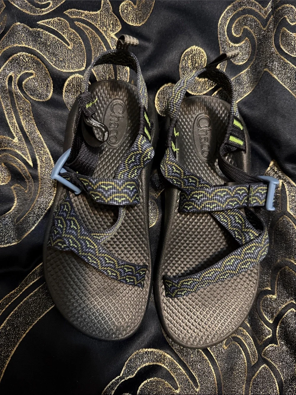 Chaco Kids Sandals in Black with Green and Blue Patterned Straps